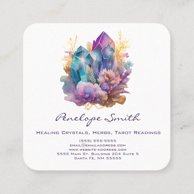 Carte De Visite Carré Aquarelle bleu violet cristaux et fleurs (Dos)