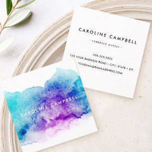 Carte De Visite Carré Aquarelle bleue aqua et violette