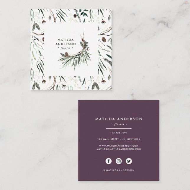 Carte De Visite Carré Aquarelle bouillie fleurie moderne élégant violet (Devant / Derrière)