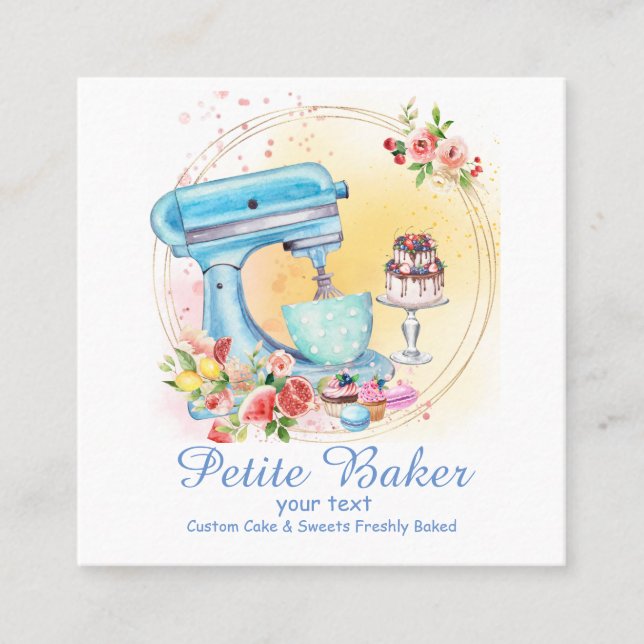 Carte De Visite Carré Aquarelle Boulangerie Mixer Pâtisserie Sucres Gâte (Devant)