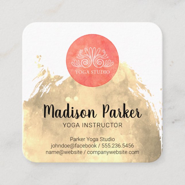 Carte De Visite Carré Aquarelle broyée | Studio Yoga | Instructeur II (Devant)