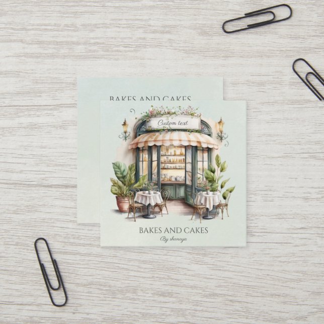 Carte De Visite Carré Aquarelle, code QR de boulangerie (Devant/Arrière en situation)