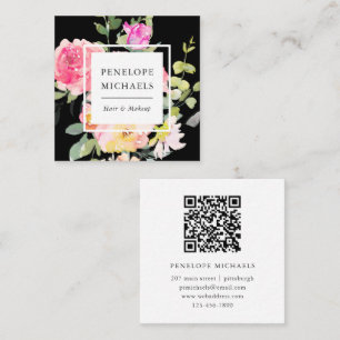 Carte De Visite Carré Aquarelle colorée Floral QR Code noir