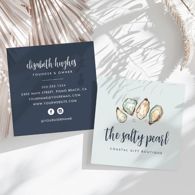 Carte De Visite Carré Aquarelle côtière Pearl & Carré huître (Créateur téléchargé)