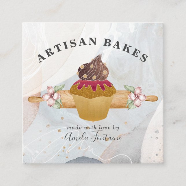 Carte De Visite Carré Aquarelle Cupcake boulangerie pâtisserie Chef (Devant)