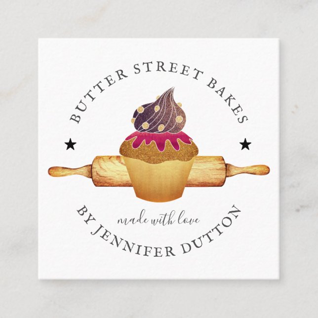 Carte De Visite Carré Aquarelle Cupcake Rolling Pin Baker Pâtisserie Che (Devant)