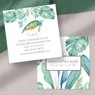 Carte De Visite Carré Aquarelle de la tortue de mer Vert tropical