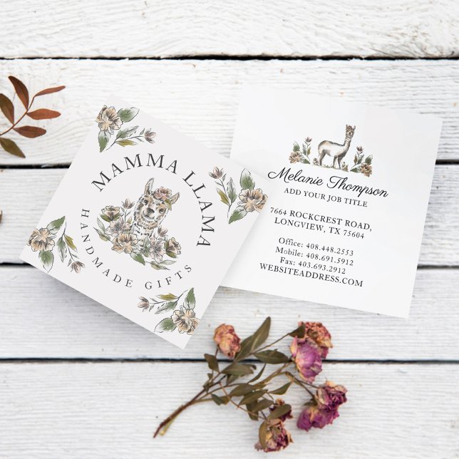 Carte De Visite Carré Aquarelle de Llama adorable mignonne Croquis Flora (Cute Adorable Llama Watercolor Sketch Floral Square Business Card)