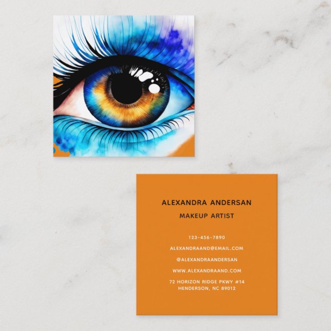 Carte De Visite Carré Aquarelle de maquillage orange turquoise moderne (Devant / Derrière)