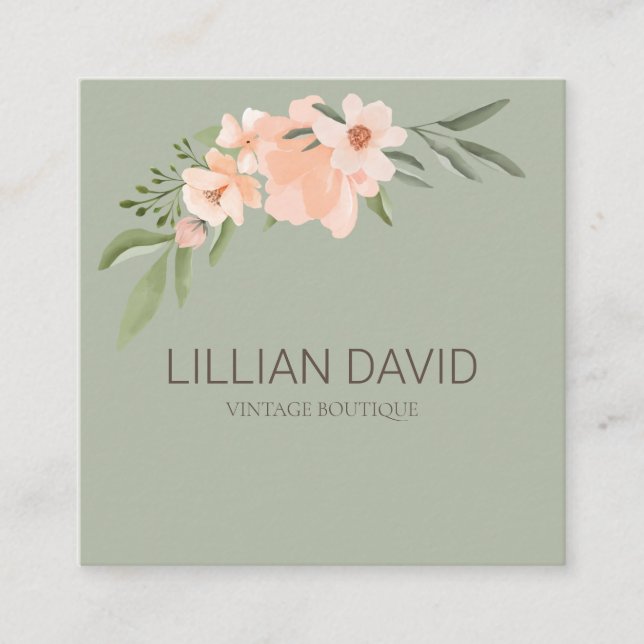 Carte De Visite Carré Aquarelle de Pêche Flore Rose & Sage Vert (Devant)