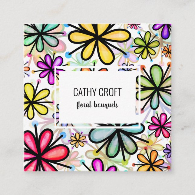Carte De Visite Carré Aquarelle Doodle Fleur Motif marguerite carré Modè (Devant)