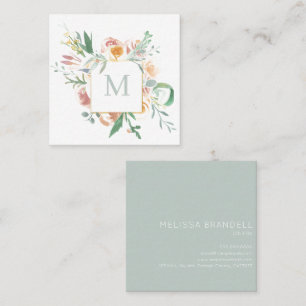 Carte De Visite Carré Aquarelle douce Monogramme floral