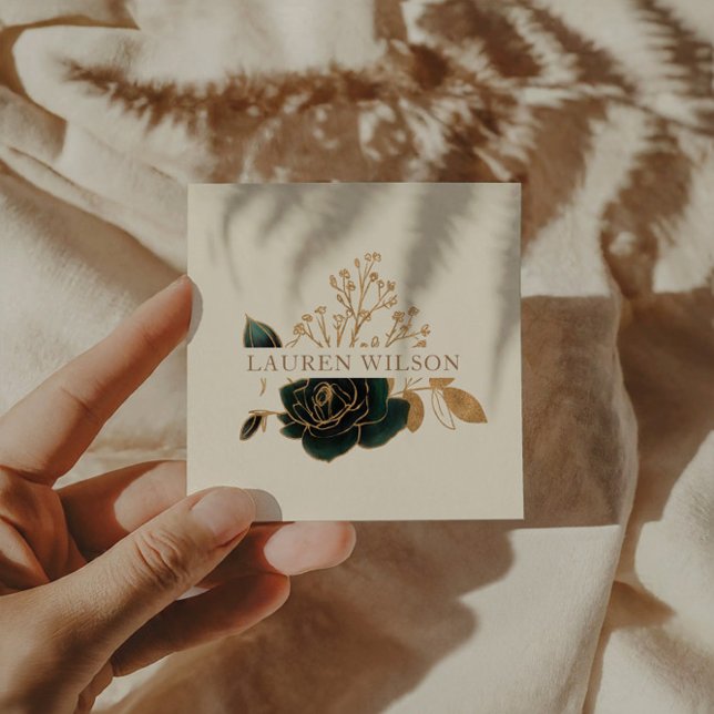 Carte De Visite Carré aquarelle émeraude or élégant floral (Créateur téléchargé)