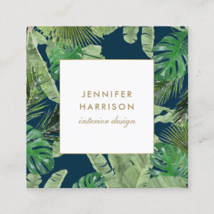 Carte De Visite Carré Aquarelle Feuille tropical Motif sur bleu foncé