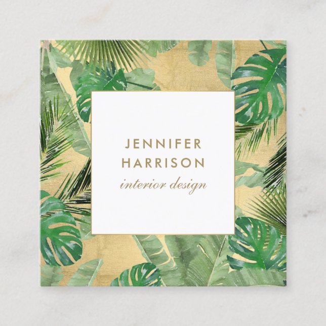 Carte De Visite Carré Aquarelle Feuille Tropical Motif sur Faux Gold (Devant)