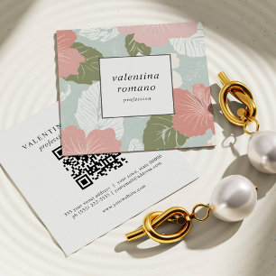 Carte De Visite Carré Aquarelle Fleur d'Hibiscus rose sauge blanc QR