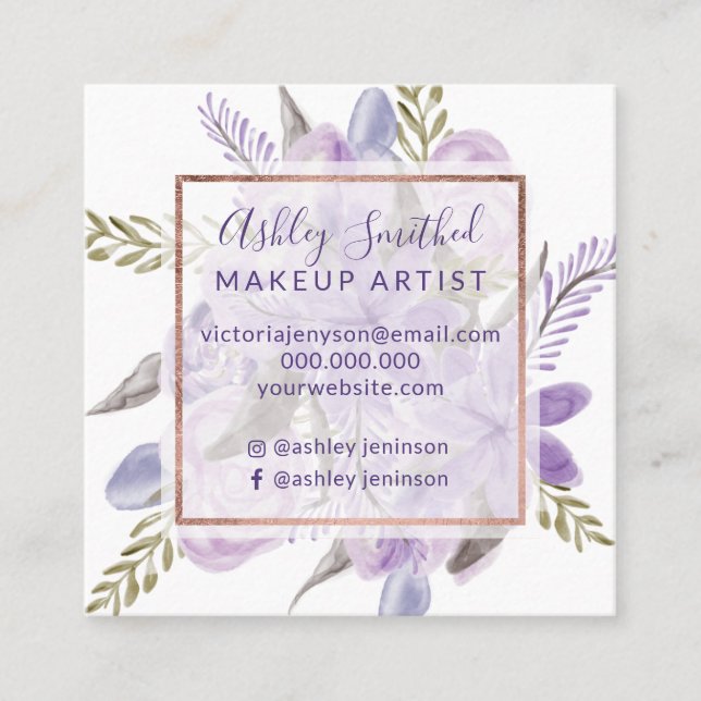 Carte De Visite Carré Aquarelle fleurie lavande violette rose or maquill (Devant)