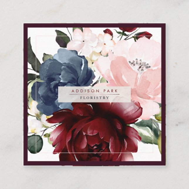 Carte De Visite Carré Aquarelle Fleurs bleu roux bleu rougissant (Devant)