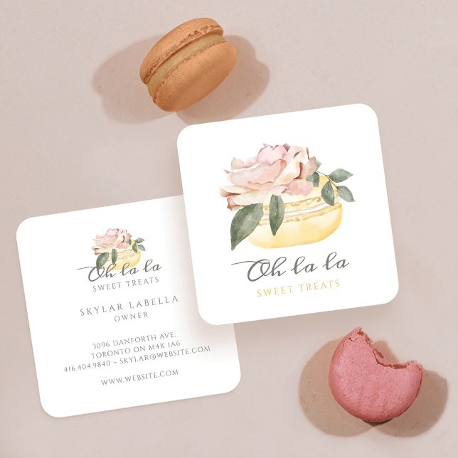 Carte De Visite Carré Aquarelle Floral Jaune Macaron Boulangerie & sucre (Créateur téléchargé)