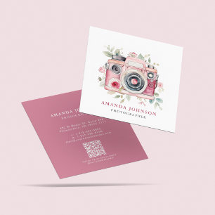 Carte De Visite Carré Aquarelle Floral Pink Camera Photographe Code QR