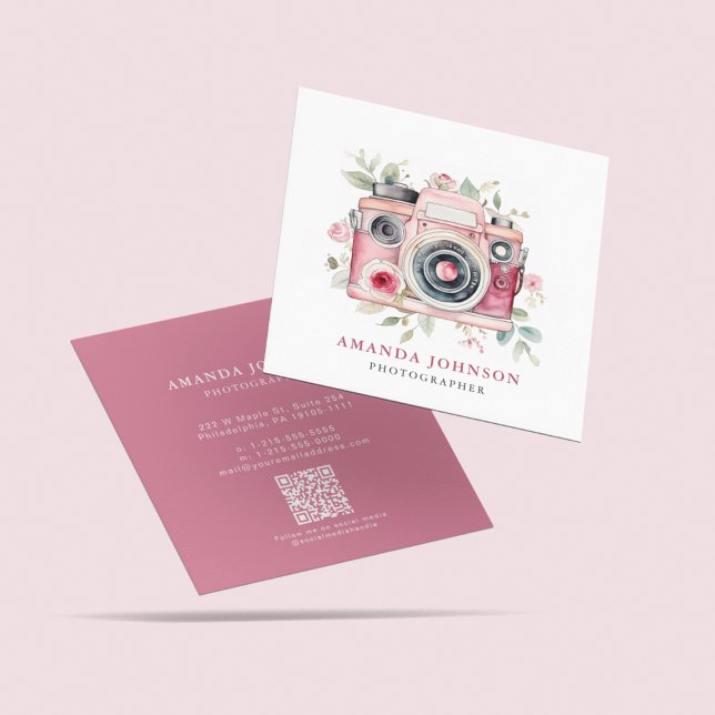 Carte De Visite Carré Aquarelle Floral Pink Camera Photographe Code QR (Créateur téléchargé)