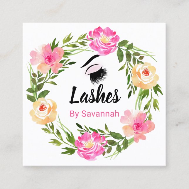 Carte De Visite Carré Aquarelle Floral Wreath Eyelash Extensions Busin (Devant)