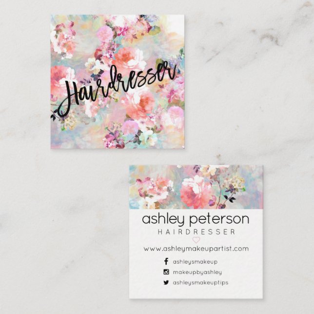 Carte De Visite Carré Aquarelle florale moderne de typographie de (Devant / Derrière)