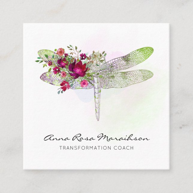 Carte De Visite Carré *~* Aquarelle florale Roue Rose Mint Dragonfly (Devant)