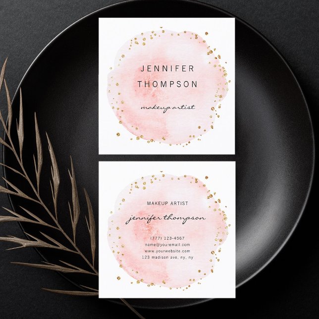 Carte De Visite Carré Aquarelle floue Points Cercle Or (Front & Back)