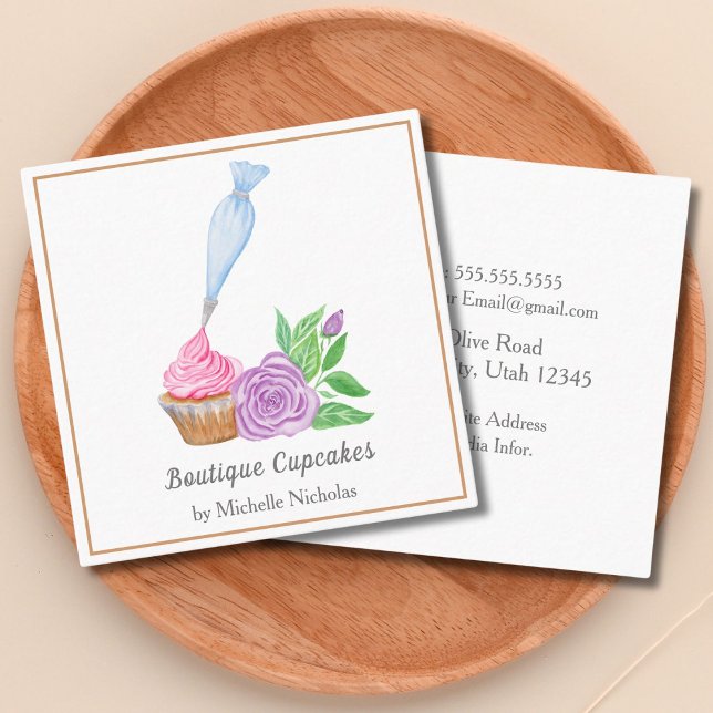Carte De Visite Carré Aquarelle Frosting Cupcake Boulangerie, Restaurati (Créateur téléchargé)