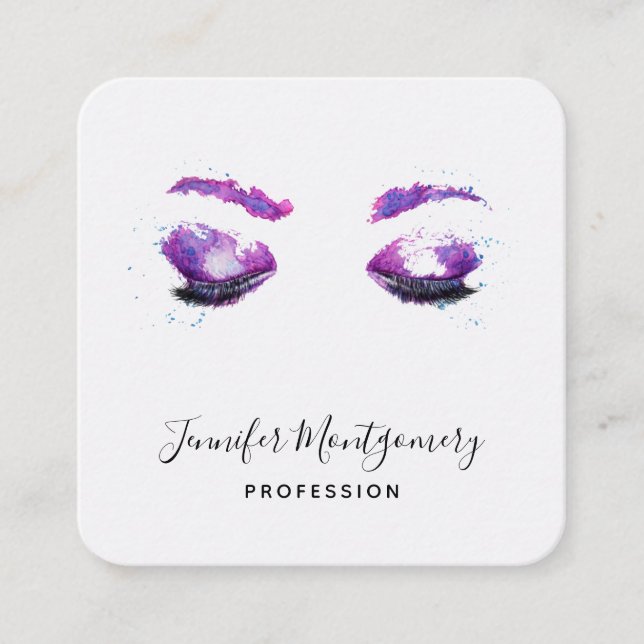 Carte De Visite Carré Aquarelle glamour aux yeux et aux bouillons pourpr (Devant)