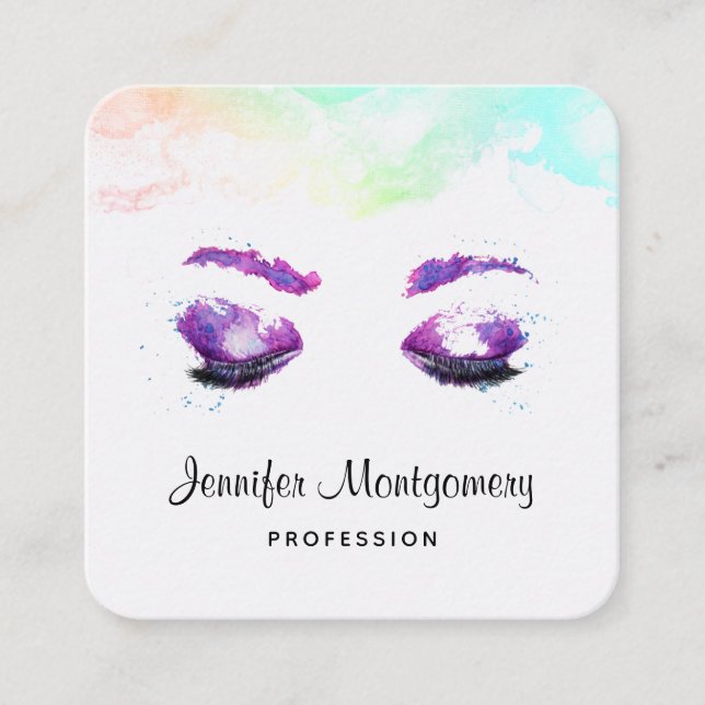 Carte De Visite Carré Aquarelle glamour aux yeux et aux bouillons pourpr (Devant)