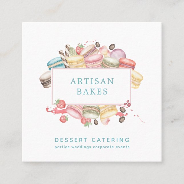 Carte De Visite Carré Aquarelle gras Macaron Baker Chef pâtissier (Devant)