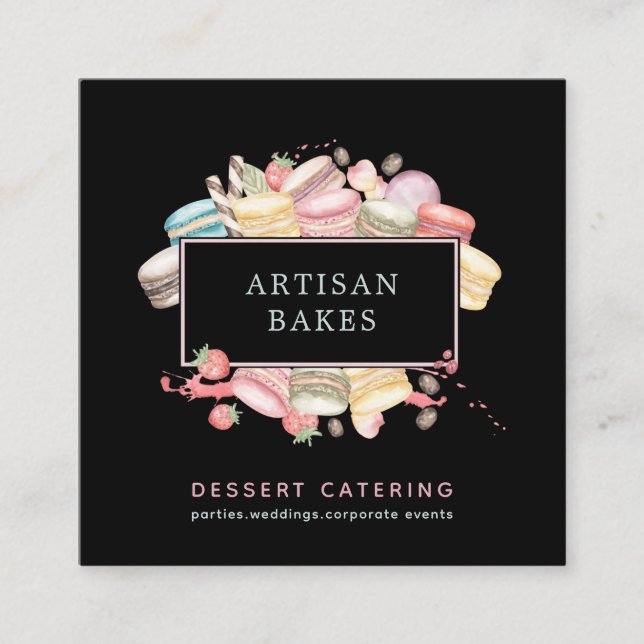 Carte De Visite Carré Aquarelle gras Macaron Baker Chef pâtissier noir (Devant)