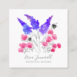 Carte De Visite Carré Aquarelle Jardin Floral Rose Lilac & Bees