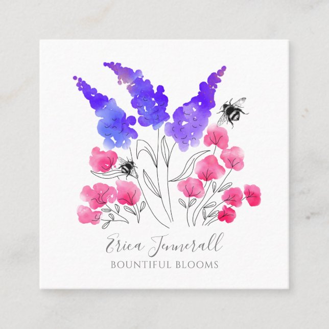 Carte De Visite Carré Aquarelle Jardin Floral Rose Lilac & Bees (Devant)