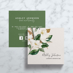Carte De Visite Carré Aquarelle Magnolia Script Typographie Blush Black