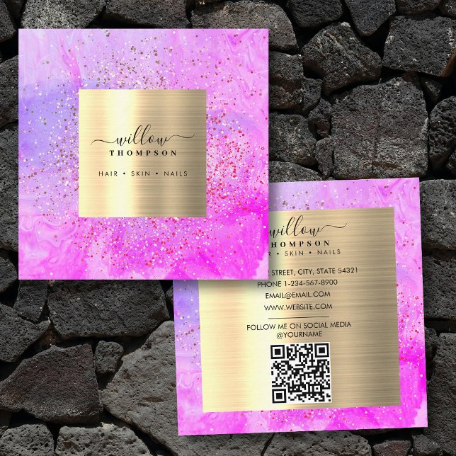 Carte De Visite Carré Aquarelle Marbre violet Parties scintillant or Fau (Watercolor Purple Marble Faux Gold Glitter QR Code Square Business Card)