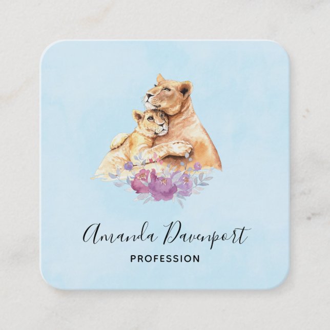 Carte De Visite Carré Aquarelle mignonne Mère Lion & Cub (Devant)