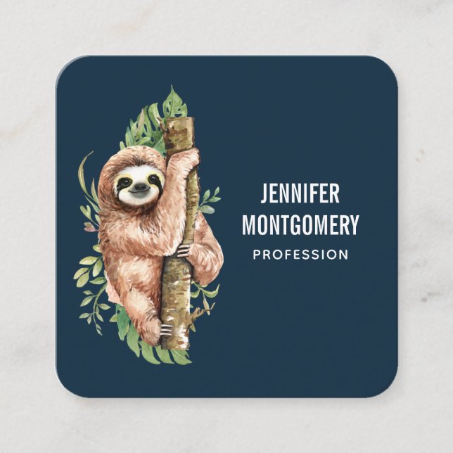 Carte De Visite Carré Aquarelle mignonne Sloth & Feuilles tropicaux (Devant)