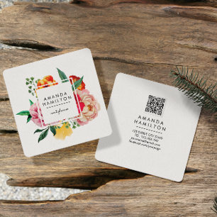 Carte De Visite Carré Aquarelle moderne classique Peony Floral QR CODE