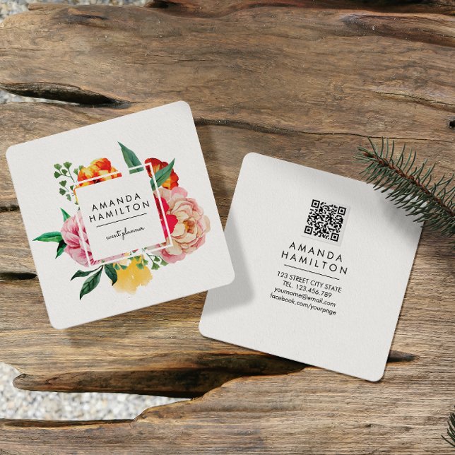 Carte De Visite Carré Aquarelle moderne classique Peony Floral QR CODE (Créateur téléchargé)