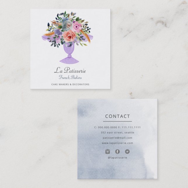 Carte De Visite Carré Aquarelle moderne Cuisine florale Stand boulangeri (Devant / Derrière)