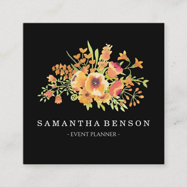 Carte De Visite Carré Aquarelle moderne Noir Classé Floral Personnalisé (Devant)
