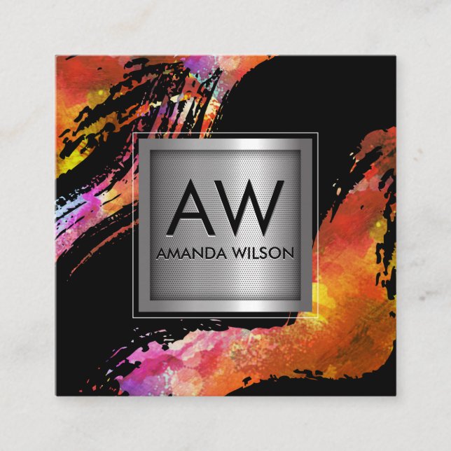 Carte De Visite Carré Aquarelle monographique broyée | Bannière métalliq (Devant)