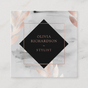 Carte De Visite Carré Aquarelle noire et Feuilles d'or Rose Faux