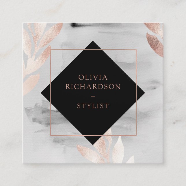 Carte De Visite Carré Aquarelle noire et Feuilles d'or Rose Faux (Devant)