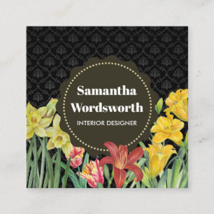 Carte De Visite Carré Aquarelle Orange Jaune Fleurs de printemps Damask