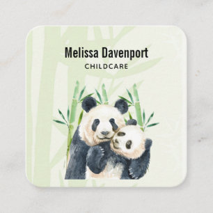 Carte De Visite Carré Aquarelle Panda Ours Maman & Bébé en Bambou