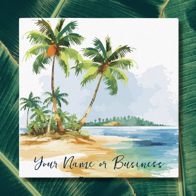 Carte De Visite Carré Aquarelle Plage de palmiers tropicaux (Front - Watercolor Tropical Palm Trees Beach Square Business Card)